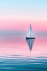 Obraz premium A sailboat on calm water under a pastel sky. The serene scene reflects tranquility and minimalism, evoking a sense of peace and adventure on the open sea.