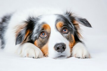 Playful Australian Shepherd dog posing on vibrant background with expressive faces.