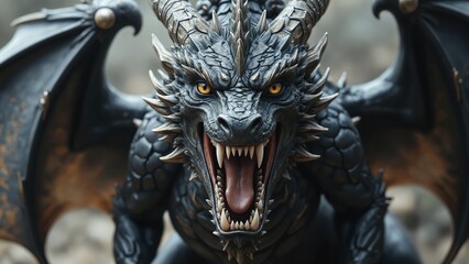 Mystical portrait of a screaming black dragon, power and rage