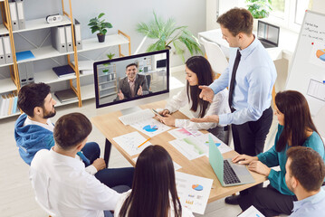 Office people, employees talking on video call with male colleague or partner, workers communicate...