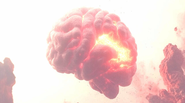 Pink Brain Exploding with Fiery Orange Light Against a White Background