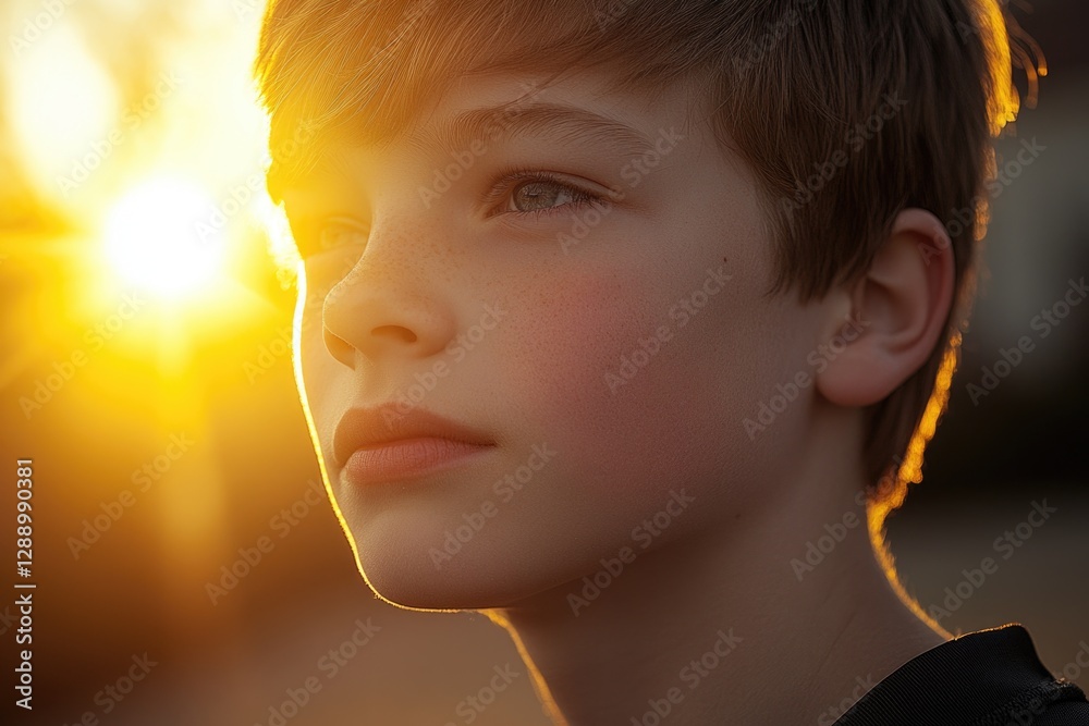 Aufkleber a young child looking directly at the camera with the warm glow of the sun in the background