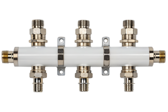 White multi-port connector for plumbing isolated with transparent background