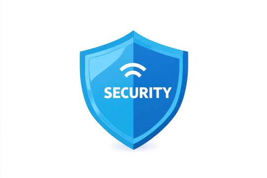 Blue shield logo designed for security and protection with digital elements prominently displayed
