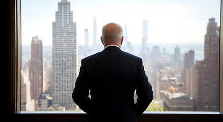Executive gazes at city skyline.  A powerful business leader surveys the urban landscape from a high-rise office, contemplating the day's challenges.
