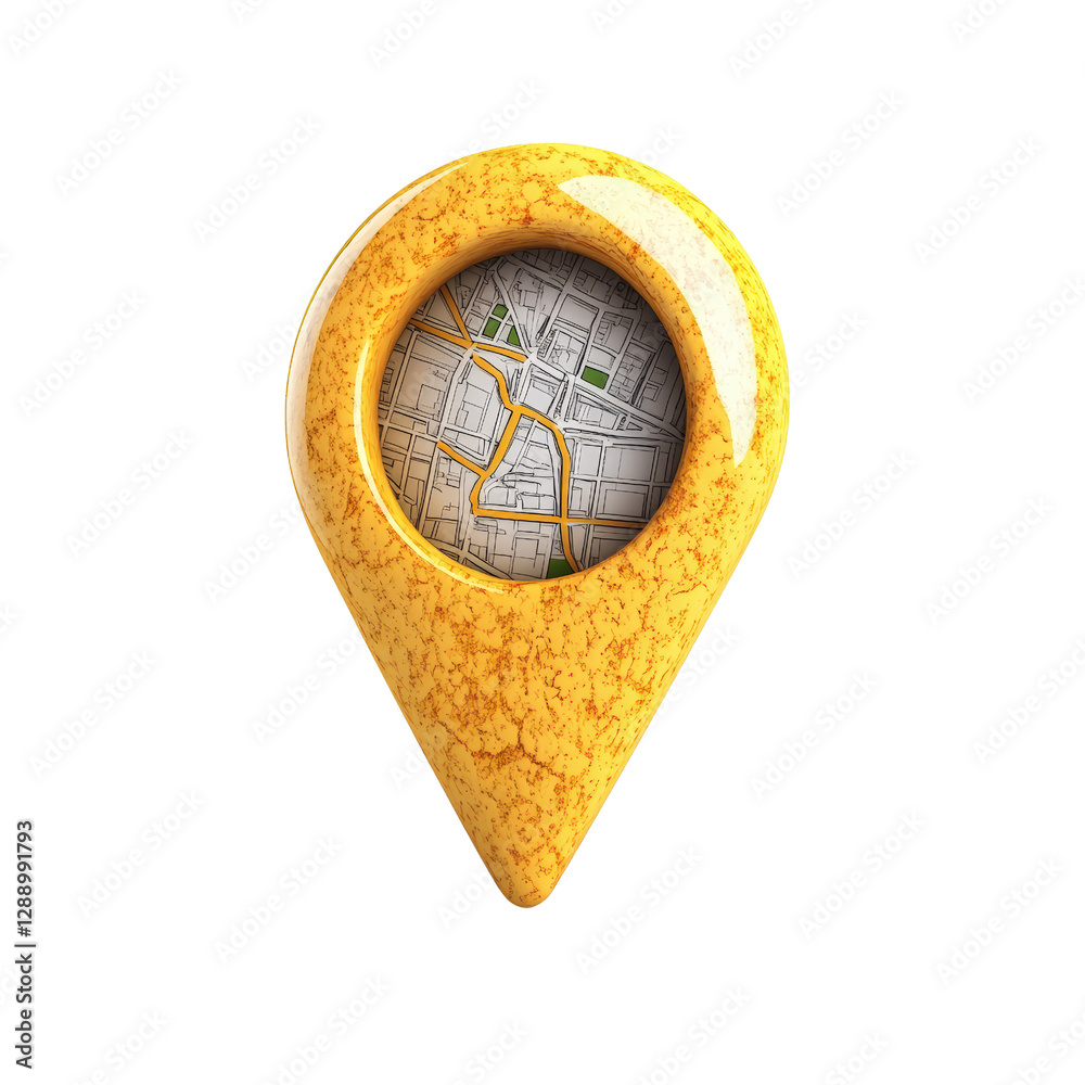 Poster yellow map pin indicating location on a navigation map with coordinates displayed in the background 