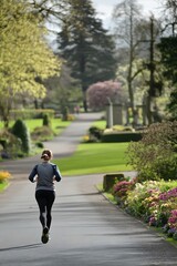 Obraz premium Woman jogging on a path through a vibrant green park on a sunny day