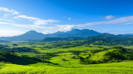 Obraz premium Serene Green Valley Landscape with Rolling Hills under a Sunny Sky