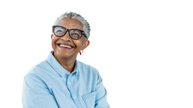 Joyful Senior African American Woman with Glasses Smiling on White Background