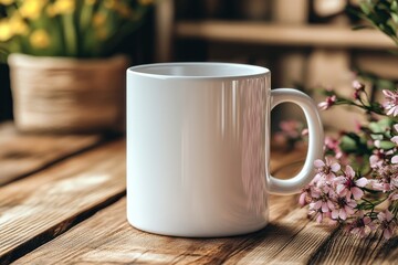 Simple white mug on a wooden table with blooming flowers and vibrant plants in the background during a cozy afternoon