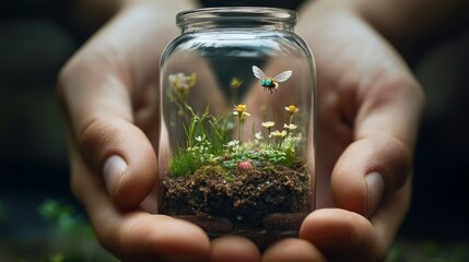 An entire ecosystem contained within a small glass capsule held between someone&acirc;&euro;&trade;s fingers. there is dirt and grass and little flowers Inside the capsule is also a very tiny little flying creature