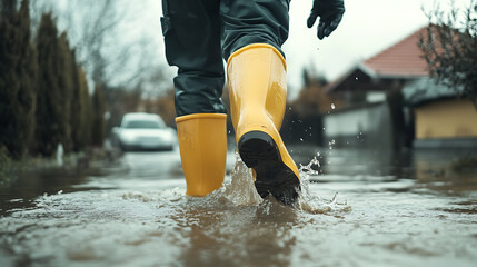 Boots Splashing in Floodwater: A person in bright yellow rain boots walks through a flooded street, sending water splashing around them in an outdoor environment.