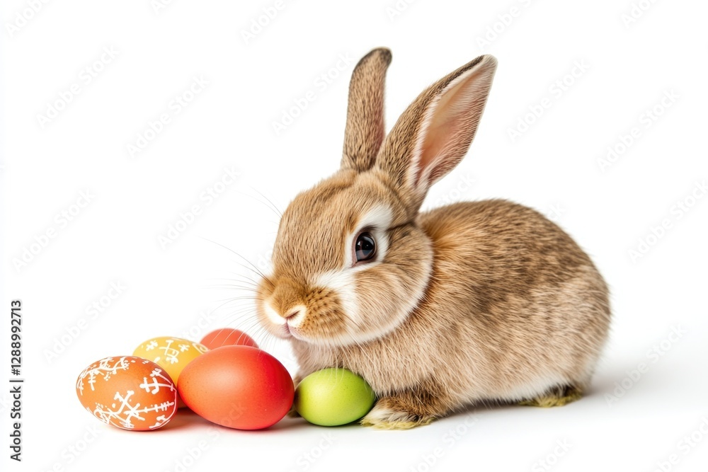 Poster A small rabbit sits next to colorful eggs in a natural setting