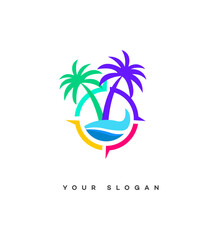 Vibrant Tropical Getaway Palm Trees, Ocean, Compass, Travel Logo