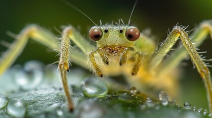 A close-up view of a spider sitting on a leaf, with fine details visible