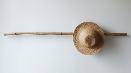 A clean photo of a minimalist hat rack styled with a single woven hat for wardrobe styling. background