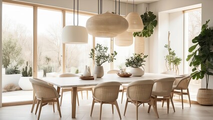 A well-lit dining room with large windows allowing natural light to ente
