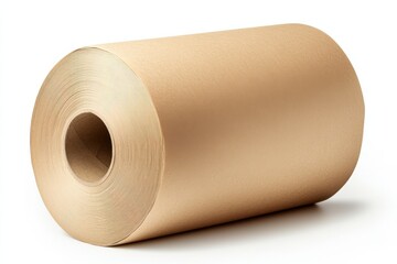 Fototapeta premium Brown kraft paper roll sits on a white surface used for crafting, packaging, and art projects in a well-lit workspace