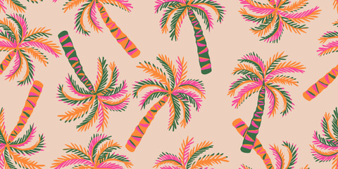Tropical seamless pattern with hand drawn palm trees. Hawaiian florals summer background for fabric, textiles, clothing, poster, cover, decoration, banner, wallpaper, interior. Vector illustration.