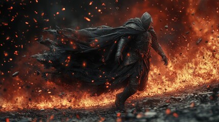 Knight running through fiery landscape, embers flying around him, dark cloak billowing.