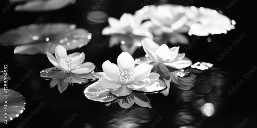 Poster black and white image of water lilies floating on the surface of a pond
