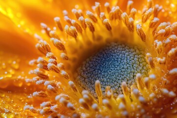 A close-up shot of a bright yellow flower with water droplets on its petals