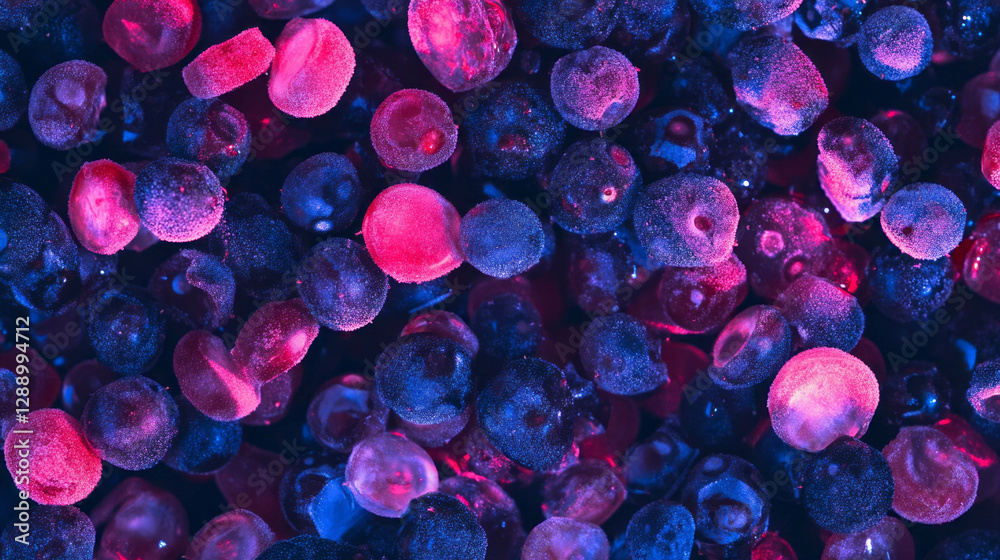 Poster vibrant assortment of floating berries in red and blue tones for creative background design