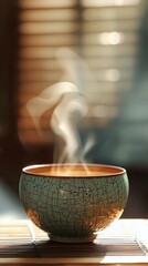 Steam rises gently from a handmade ceramic bowl filled with a warm liquid, set against a soft light filtered through wooden slats in the background