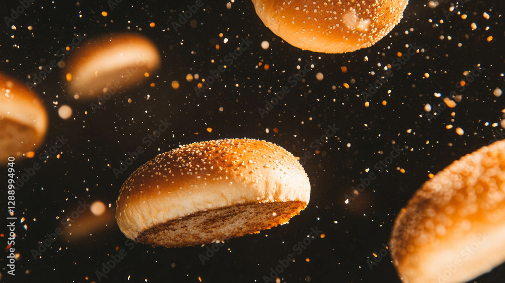 Aufkleber floating burger buns on dark background with light brown tones for food design projects