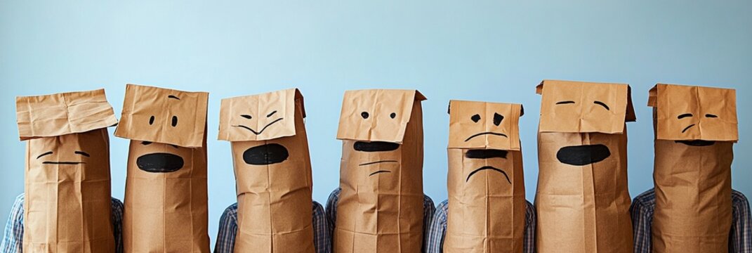 A humorous lineup of individuals wearing paper bags with different facial expressions, symbolizing various emotions in a quirky and light-hearted manner.