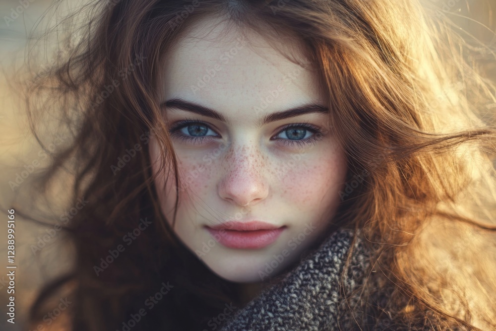 Poster a close-up shot of a woman's face featuring distinctive freckles