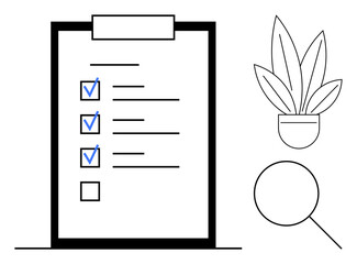 Task checklist with completed items, plant in pot symbolizing growth, magnifying glass for focus and scrutiny. Ideal for productivity, organization, efficiency, goal setting, project management