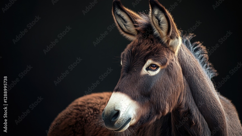 Poster close-up shot of a donkey's face on a black background, suitable for use in editorial or commercial 