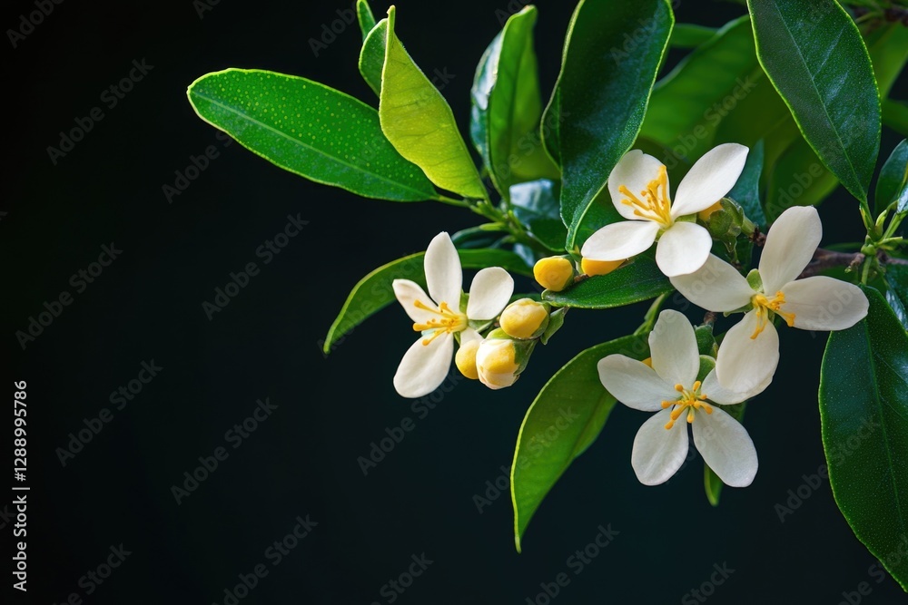 Poster close-up shot of white flowers blooming on a tree branch, ideal for use in nature-inspired designs a