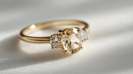 A clean photo of a minimalist gemstone ring styled on a light gray background. background