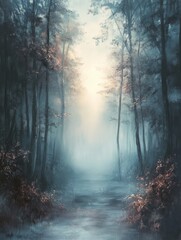 Obraz premium Dawn's Embrace in the Mystical Woods - A tranquil forest path bathed in soft dawn light, symbolizing peace, mystery, hope, journey, and serenity