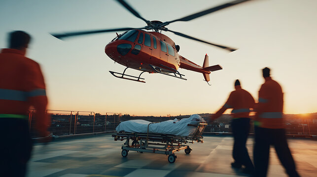 Medical evacuation helicopter arriving with patient on gurney. Emergency medical personnel stand by as rotorcraft lands in hospital roof. Evening sun sets in background.