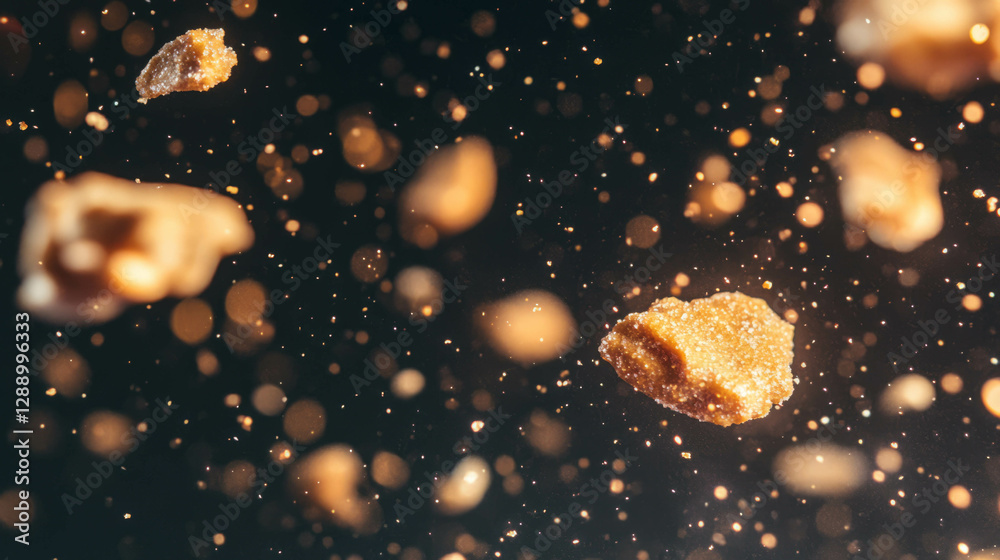 Poster cookie crumbs floating in warm light for creative background design