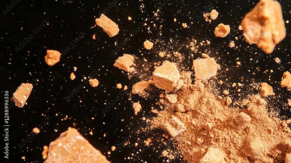 Poster Floating cookie crumbs on dark background for design use