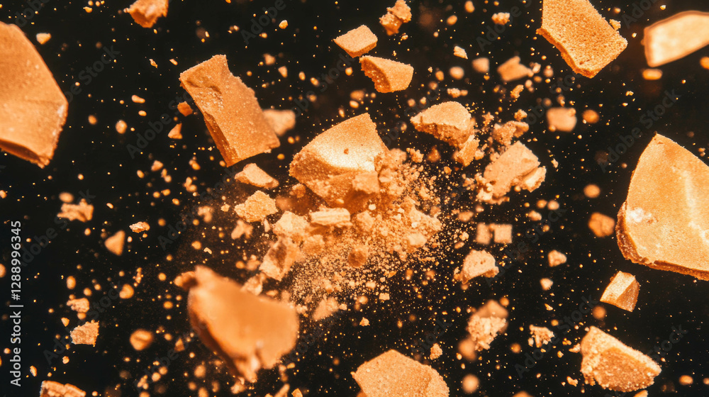 Poster Explosive burst of cookie crumbs in dynamic motion background for culinary design