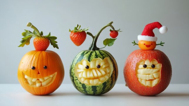 Create fruit-people based on seasons or holidays (e.g., a pumpkin-headed person for Halloween, a strawberry cupid for Valentines Day, or a watermelon Santa for Christmas).