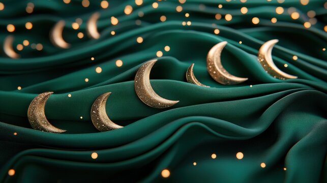Gold Crescent Moons on Rich Green Velvet Fabric with Glittering Dots - Powered by Adobe