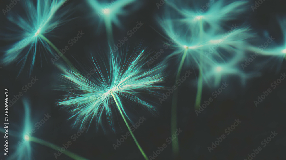 Poster tranquil scene of drifting dandelion seeds on soft background for nature designs