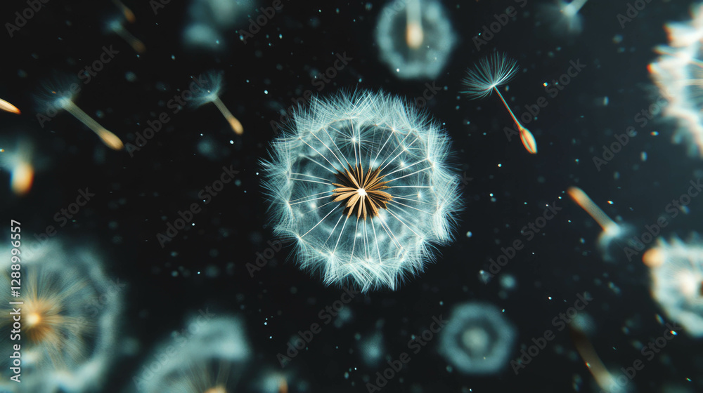 Poster Tranquil scene of drifting dandelion seeds on a soft blurred background