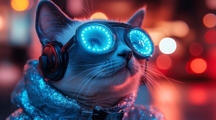 Stylish Cat in Neon Goggles and Headphones at Night in the City