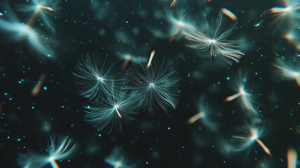 Fototapeta premium Serene background of drifting dandelion seeds in soft focus for peaceful design