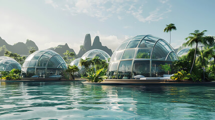 Fototapeta premium Futuristic underwater city with glass domes and lush vegetation. Glass City Underwater. Illustration