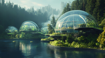 Fototapeta premium Futuristic underwater city with glass domes and lush vegetation. Glass City Underwater. Illustration