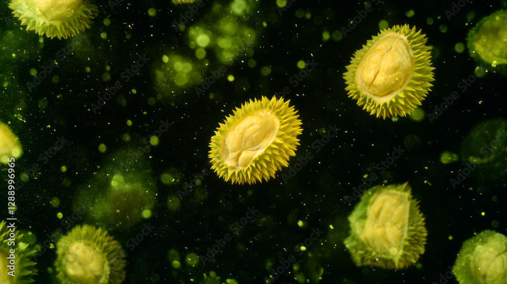 Poster floating durian segments on yellow background for exotic design