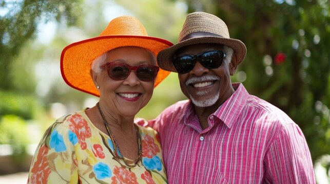 Happy senior African American couple enjoying outdoor summer day, wearing colorful casual clothing with sun hats and sunglasses, sharing genuine smiles in a lush garden setting.